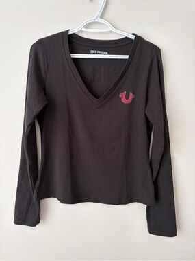 True Religion Black Long Sleeve V-Neck Top with Red Logo
